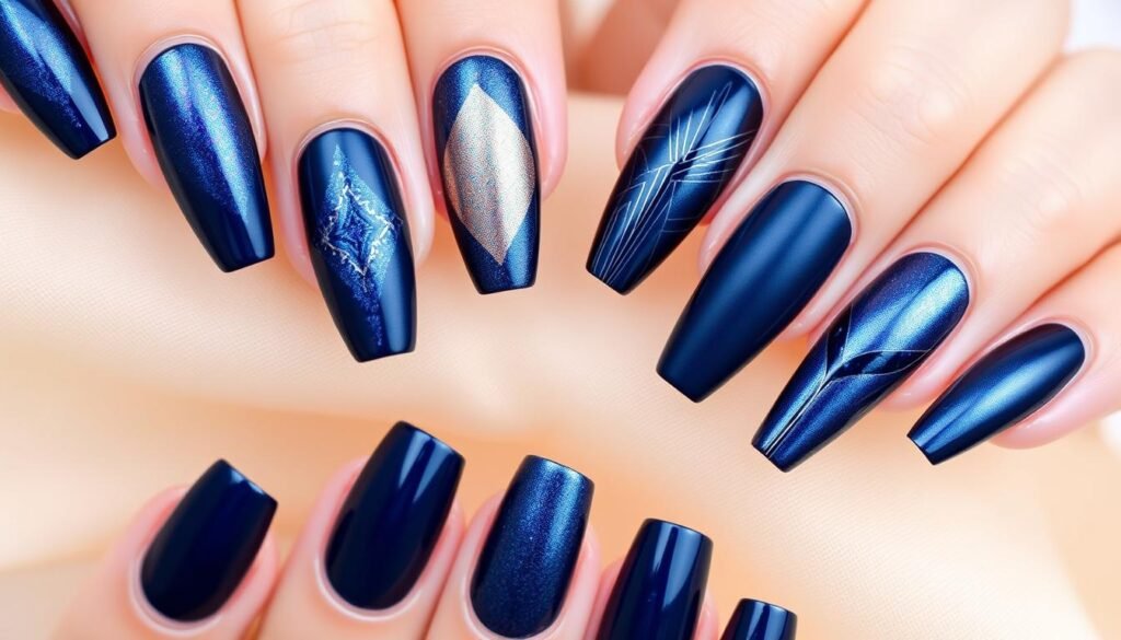 navy and metallic nail designs