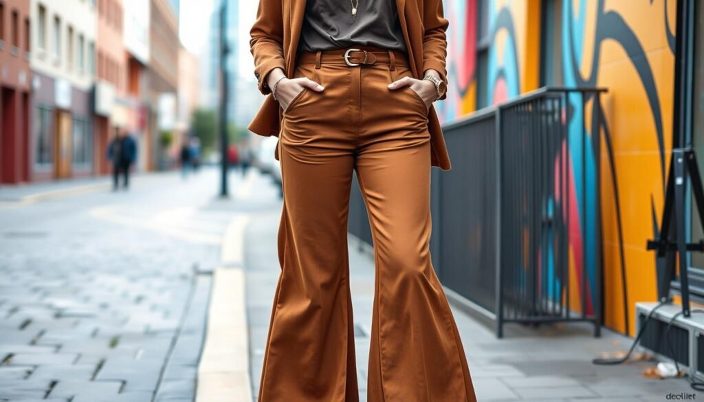 brown flair pants outfit