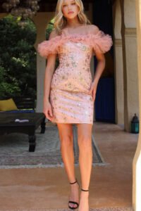 Cinderella Divine J830 - Ruffle Glitter Print Cocktail Dress