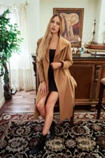 Womens Long Sleeve Cashmere Coats with Belt - Pure Cashmere