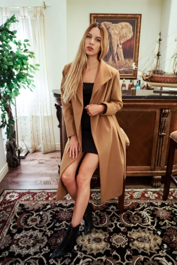 Women's Long Sleeve Cashmere Coats with Belt - Pure Cashmere