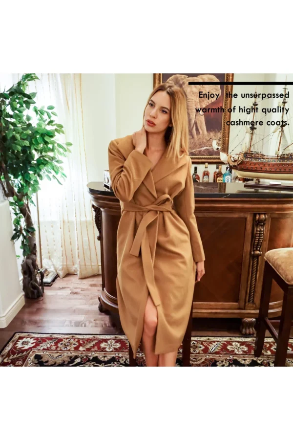 Women's Long Sleeve Cashmere Coats with Belt - Pure Cashmere