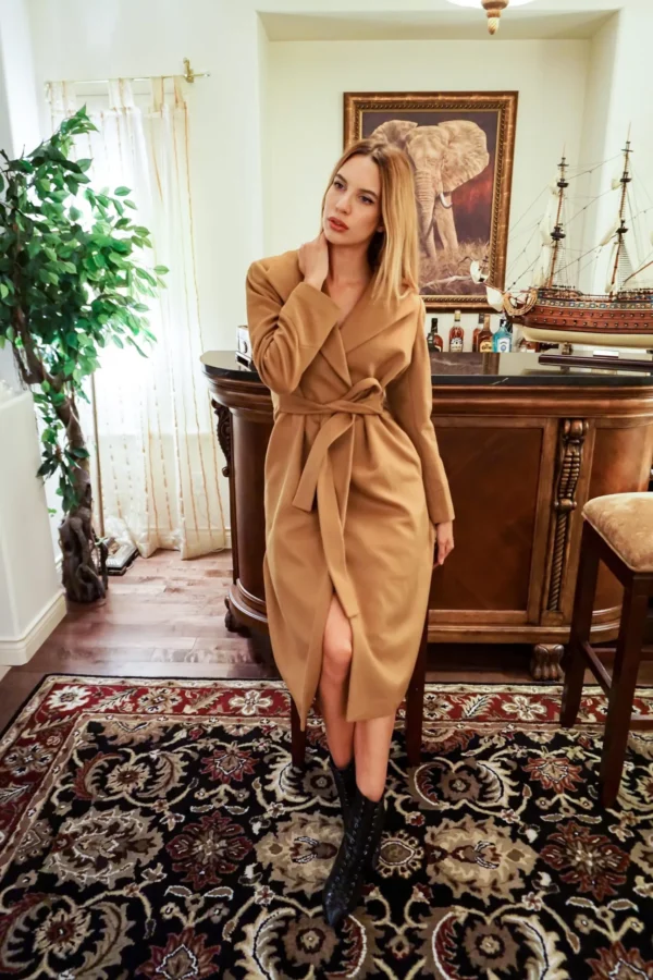Women's Long Sleeve Cashmere Coats with Belt - Pure Cashmere