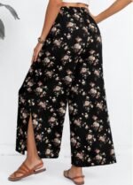 Black Split Ditsy Floral Print Flare Leg Pants