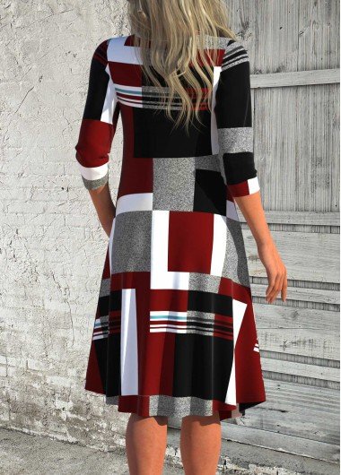 Deep Red Patchwork Geometric Print A Line Dress