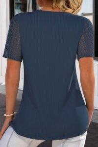 Navy Lace Short Sleeve Tie Collar T Shirt