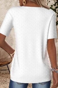 White Embroidery Short Sleeve Split Neck T Shirt