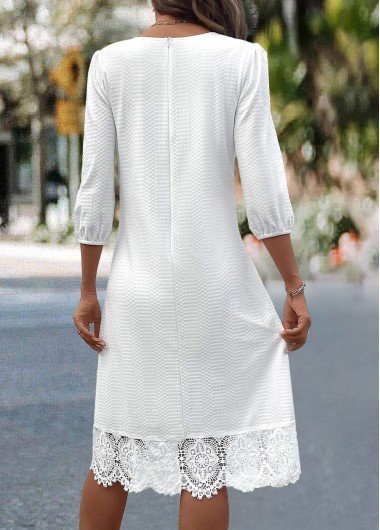 White Patchwork A Line 3/4 Sleeve V Neck Dress