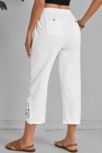 White Patchwork Elastic Waist High Waisted Pants