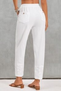 White Pocket Elastic Waist High Waisted Pants