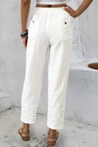 White Straight Leg Drawastring Mid Waisted Pants