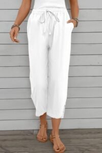 White Straight Leg Elastic Waist High Waisted Pants