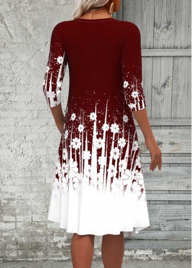 Wine Red Fake 2in1 Floral Print A Line Dress