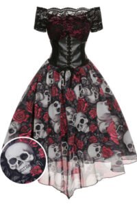 1950s Halloween Skull Rose Lace Mesh Dress