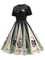1950s Halloween Spider Web Print Patchwork Dress