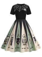 1950s Halloween Spider Web Print Patchwork Dress