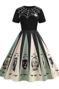 1950s Halloween Spider Web Print Patchwork Dress