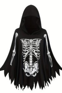 1970s Halloween Skeleton Bone Print Hooded Cape