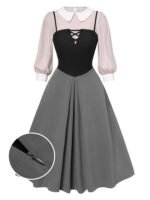 2PCS 1940s Colorblock Pink Blouse Gray Dress