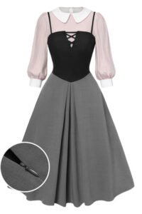 2PCS 1940s Colorblock Pink Blouse & Gray Dress