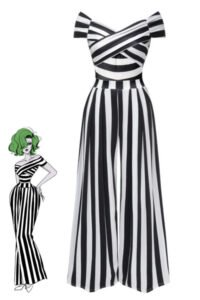 Black 1960s Off-Shoulder Stripes Jumpsuit