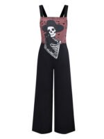 Black 1970s Halloween Gothic Skeleton Print Suspender Jumpsuit