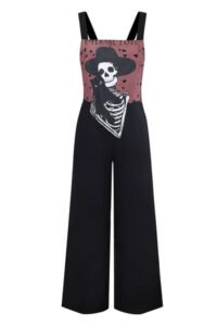 Black 1970s Halloween Gothic Skeleton Print Suspender Jumpsuit