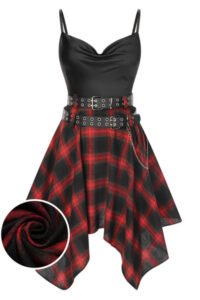 Black 1970s Plaid Cowl Neck Dress