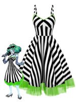 BlackWhite 1950s Striped Fluorescent Green Lace Dress