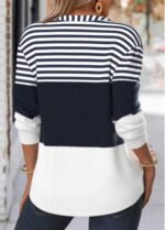 Navy Button Striped Long Sleeve Split Neck Sweatshirt