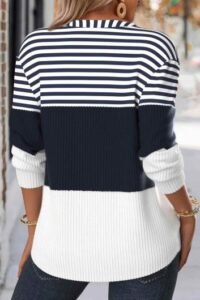 Navy Button Striped Long Sleeve Split Neck Sweatshirt