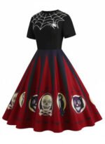 Pre-Sale 1950s Halloween Spider Web Print Patchwork Dress