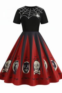 [Pre-Sale] 1950s Halloween Spider Web Print Patchwork Dress