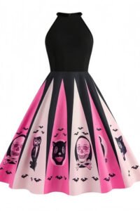 [Pre-Sale] Black&Pink 1950s Halloween Spooky Print Swing Dress