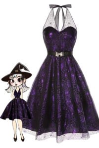 Purple 1950s Laser Mesh Spiderweb Halter Dress - decent-life Purple 1950s Laser Mesh Spiderweb Halter Dress