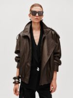 Tie Asymmetric Faux Leather Bomber Jackets