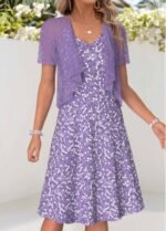 Light Purple Ditsy Floral Print Dress and Cardigan