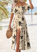 Beige Floral Print Maxi Sleeveless Off Shoulder Dress
