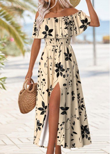 Beige Floral Print Maxi Sleeveless Off Shoulder Dress Beige Floral Print Maxi Sleeveless Off Shoulder Dress