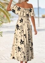 Beige Floral Print Maxi Sleeveless Off Shoulder Dress