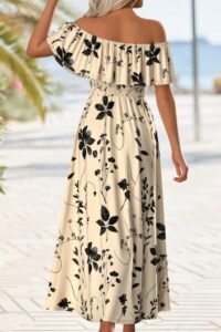 Beige Floral Print Maxi Sleeveless Off Shoulder Dress