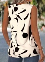 Beige Geometric Print Patchwork Sleeveless Asymmetrical Neck Tank Top