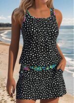 Black Mid Waisted Two-piece Polka Dot Tankini Set