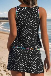 Black Mid Waisted Two-piece Polka Dot Tankini Set