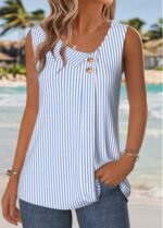 Blue Striped Patchwork Sleeveless Asymmetrical Neck Tank Top