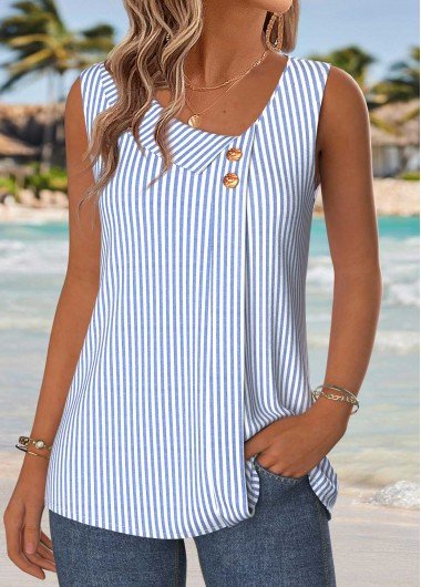 Blue Striped Patchwork Sleeveless Asymmetrical Neck Tank Top Blue Striped Patchwork Sleeveless Asymmetrical Neck Tank Top