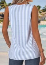 Blue Striped Patchwork Sleeveless Asymmetrical Neck Tank Top