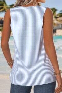 Blue Striped Patchwork Sleeveless Asymmetrical Neck Tank Top