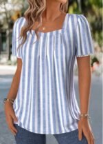 Blue Striped Pleated Short Sleeve Square Neck T Shirt