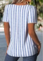 Blue Striped Pleated Short Sleeve Square Neck T Shirt
